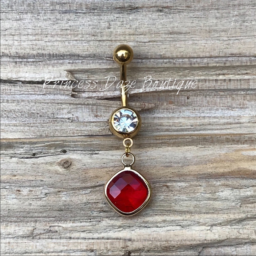 Gold Red Faceted Glass Crystal Belly Button Ring